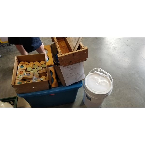 SOAP MAKING SUPPLIES - SOA FORMS, TALLOW AND BUCKET OF COCONUT OIL, SAMPLES