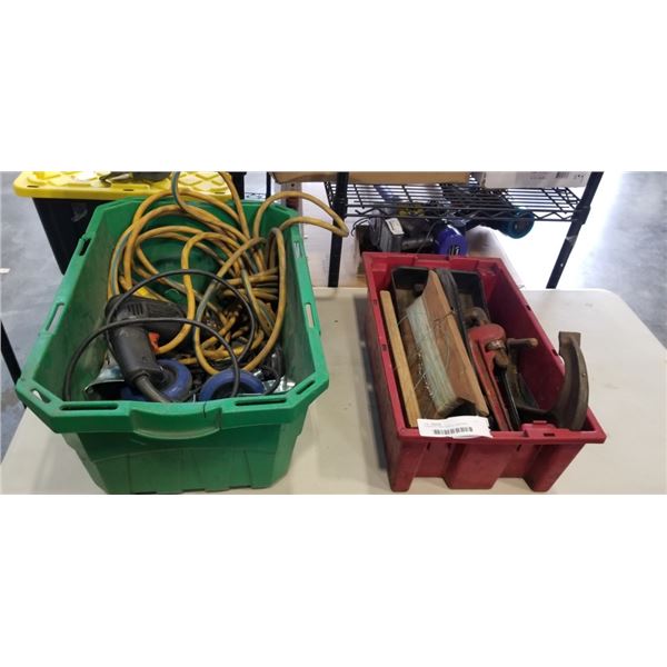2 BINS OF HAND TOOLS, CASTORS, EXTENSION CORDS, ETC