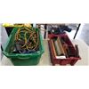 Image 1 : 2 BINS OF HAND TOOLS, CASTORS, EXTENSION CORDS, ETC