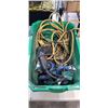 Image 3 : 2 BINS OF HAND TOOLS, CASTORS, EXTENSION CORDS, ETC