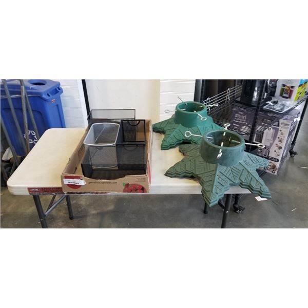 2 CHRISTMAS TREE STANDS AND LOT OF BLACK METAL ORGANIZERS