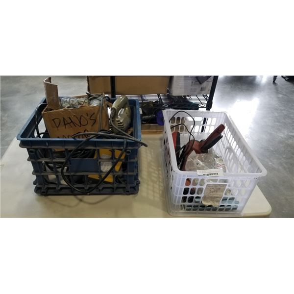 2 BOXES OF TOOLS AND BOLTS - MOTOR, POWER CORDS, JIGSAW, ETC