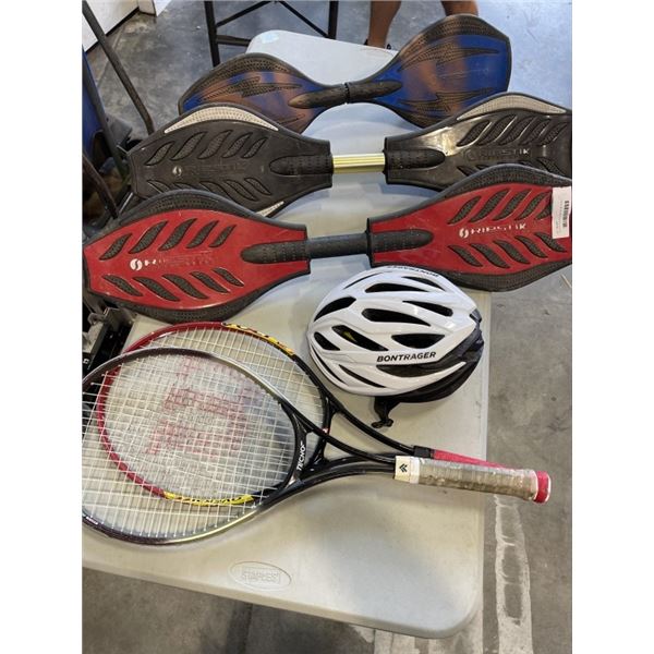 3 BALANCE BOARDS AND HELMET AND 2 TENNIS RACKETS