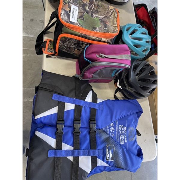 ADULT FLUID LIFE JACKET, 2 COOLERS AND PAIR OF HELMETS