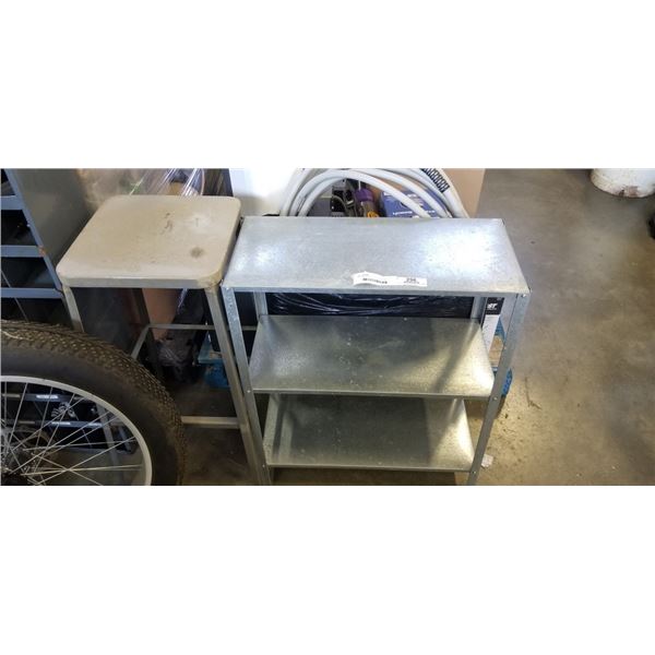 METAL SHOP SHELF, STOOL AND 50FT GARDEN HOSE