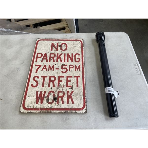 VINTAGE NO PARKING SIGN AND 19" MAGLITE FLASHLIGHT