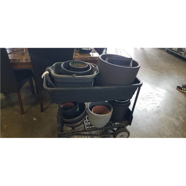 ROLLING GARDEN CART WITH ASSORTED PLANT POTS
