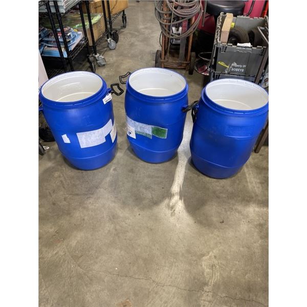 3 BLUE 40 LITER FOOD GRADE PLASTIC DRUMS