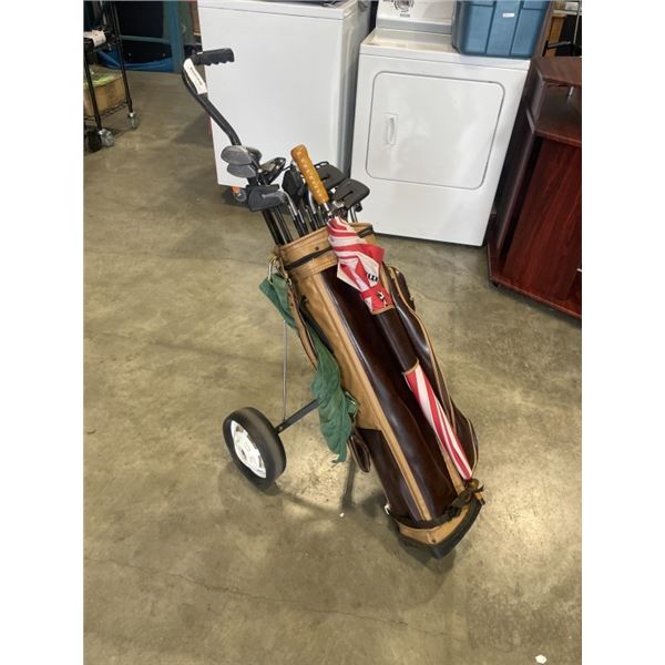SET OF VINTAGE GOLF CLUBS AND CART, SPALDING IRONS AND TOUR FLITE DRIVERS