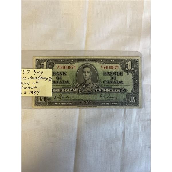 1937 CANADIAN $1 BILL KING GEORGE VI JAN 2, 1937
