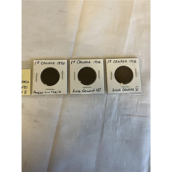 3 CANADIAN LARGE CENTS 1896 QUEEN VICTORIA, 1906 KING EDWARD VII, 1916 KING GEORGE V