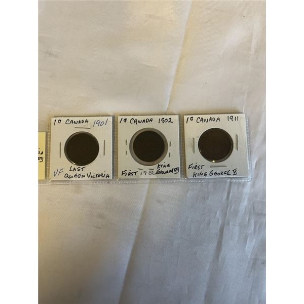 3 CANADIAN LARGE CENTS 1901 LAST QUEEN VICTORIA, 1902 FRIST KING EDWARD VII, 1911 FIRST KING GEORGE 