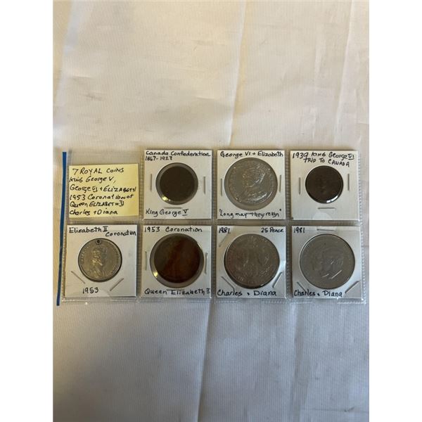 7 SPECIAL ROYAL COINS, KING GEORGE V, KING GEORGE VI, ELIZABETH 1953 CORONATION OF QUEEN ELIZABETH I