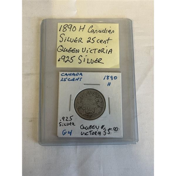 1890-H CANADIAN SILVER 25 CENT QUEEN VICTORIA .925 SILVER