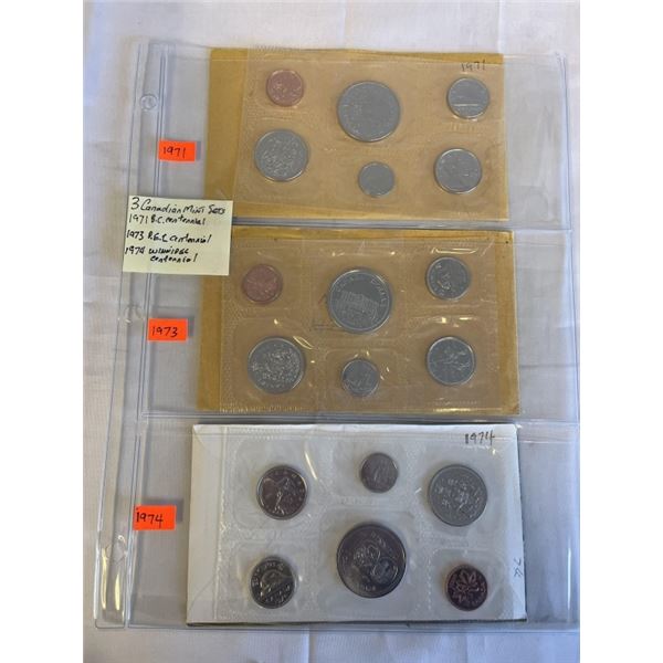 3 CANADIAN MINT SETS 1971 BC CENTENNIAL, 1973 PEI CENTENNIAL, 1974 WINNIPEG CENTENNIAL