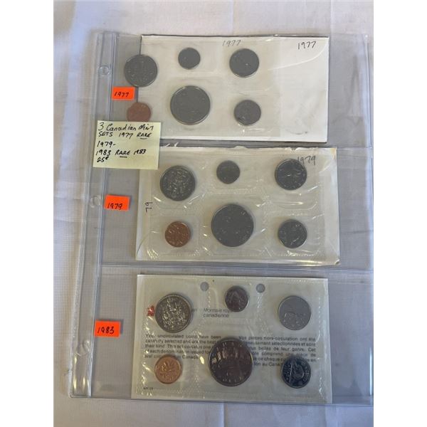 3 CANADIAN MINT SETS RARE 1977, 1979, RARE 1983 RARE 25 CENT COIN
