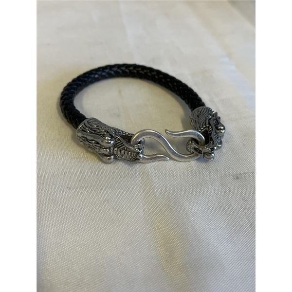 TWISTED BLACK LEATHER W/ SILVER DRAGON HEAD END BRACELET
