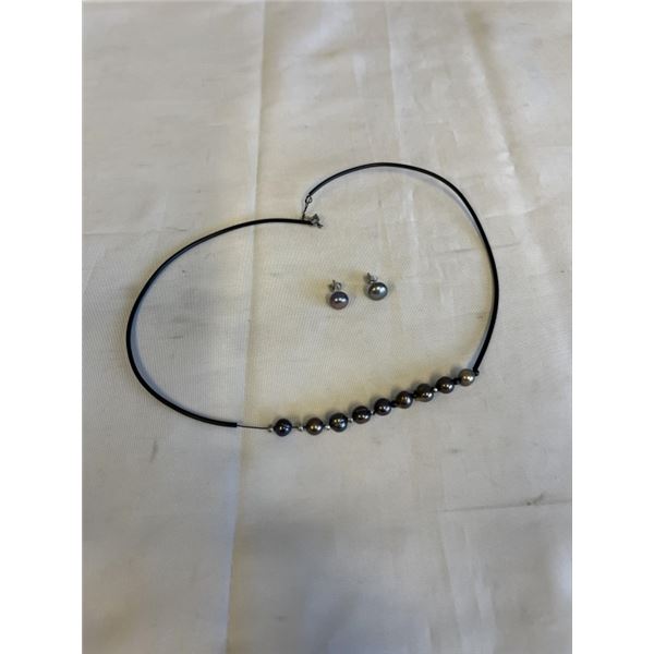 GENUINE BLACK PEARLS W/ CORD NECKLACE AND EARRINGS SET