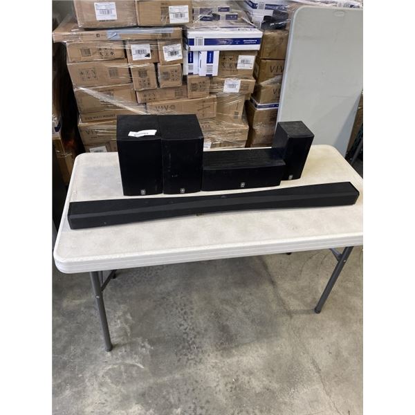 VIZIO SOUND BAR AND 4 YAMAHA SPEAKERS. NO POWER CORD. UNTESTED