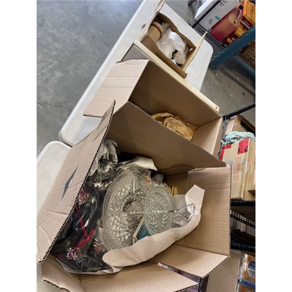 3 BOXES OF VINTAGE CRYSTAL, CHINA, COFFFEE THERMOS, ETC