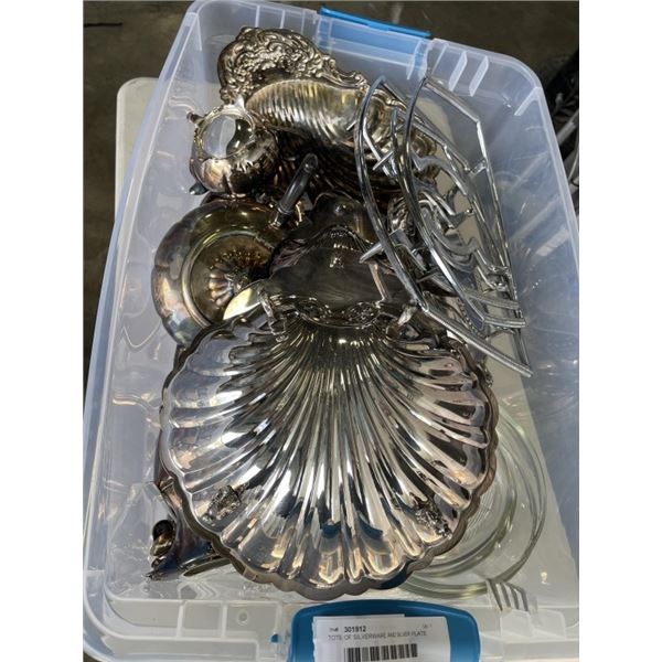 TOTE OF SILVERWARE AND SILVER PLATE SERVING ITEMS