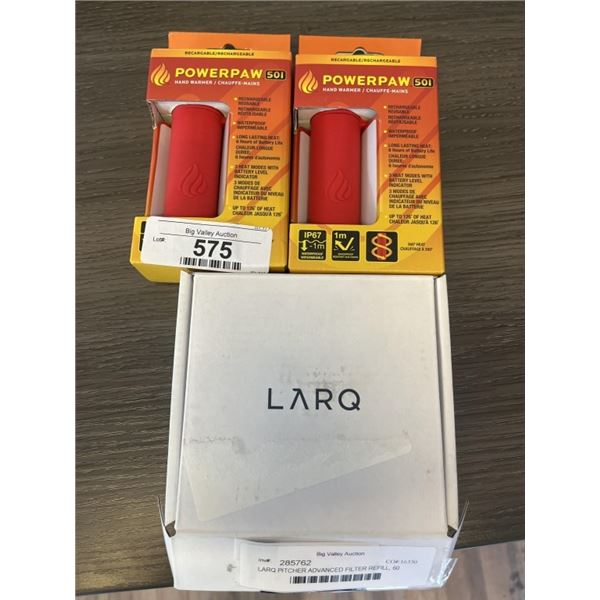 LARQ PITCHER ADVANCED FILTER REFILL, 60 GALLON AND 2 POWERPAW HAND WARMERS