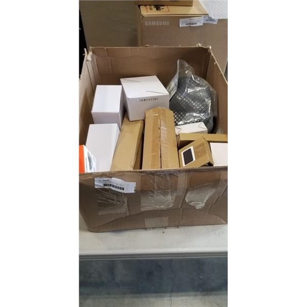 BOX OF NEW AMAZON ITEMS - INK CARTRIDGES, CAR ADAPTERS, SPEAKER GRILL, ETC