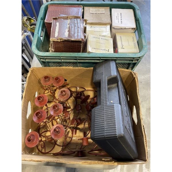 2 BOXES OF CANDLE HOLDERS, WINE BOTTLE HOLDERS, CHEESE SHAKERS, ETC
