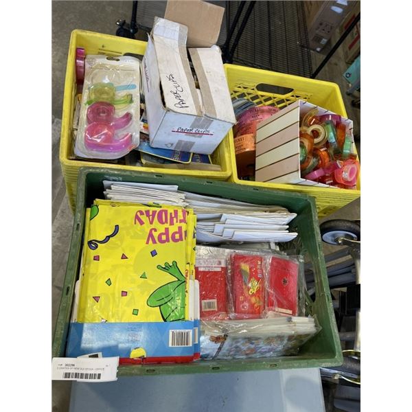 3 CRATES OF NEW OLD STOCK - OFFICE SUPPLIES, 50/50 TICKETS, PART FAVOURS, ETC