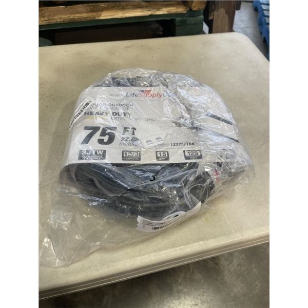 AS NEW 75FT BLACK  INDOOR OUTDOOR HEAVY DUTY LIGHTED 3 WIRE GROUNDED EXTENSION CORD 12AWG