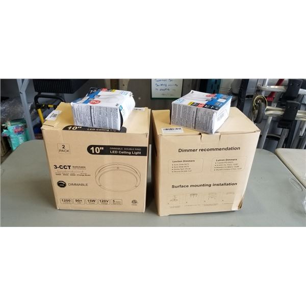 TWO 2 PACK 10" DIMMABLE DOUBLE RING LED CEILING LIGHT AND TWO 2 PACK LED 100W LIGHTS