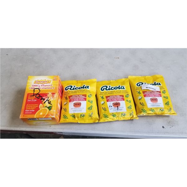 3 PACKS OF RICOLA LOZENGES AND PACK OF EMERGEN C PACKS