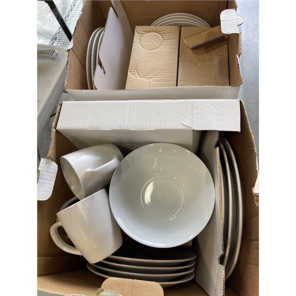 2 BOXES OF DINNERWARE, MUGS AND MORE