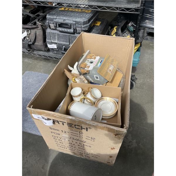 BOX OF ASSORTED COLLECTABLES. WOODEN ITEMS, TEA SET ETC