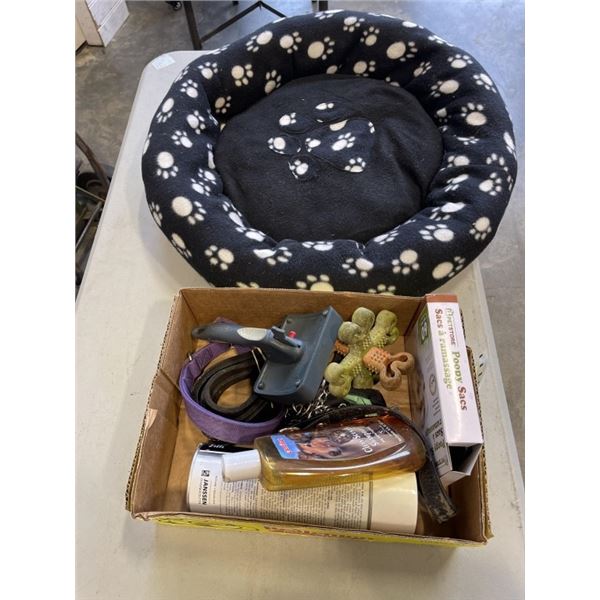 LOT OF DOG SUPPLIES AND BED
