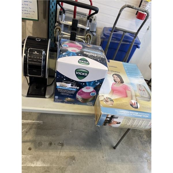 SHIATSU BACK MASSAGER, VICKS HUMIDIFER, AND COFFEE MAKER