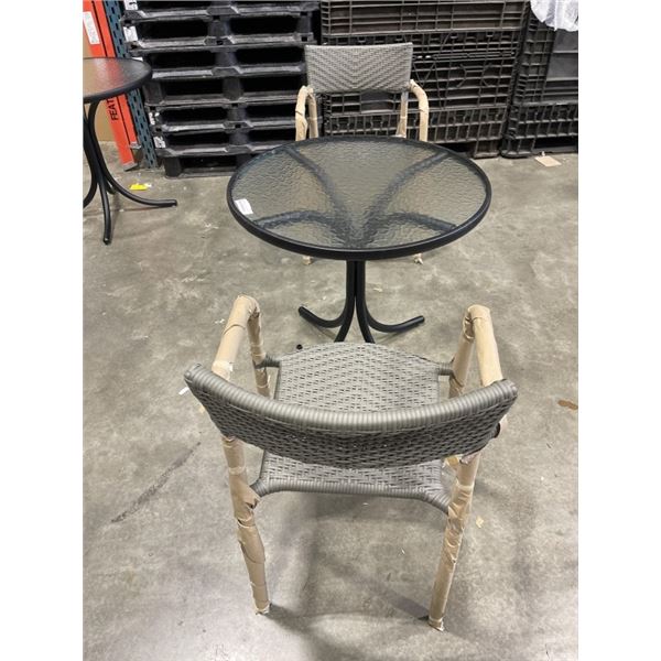 BRAND NEW PATIO BISTRO SET, GLASS TOP ROUND PATIO TABLE, 30 INCH DIAMETER AND 2 STACKING GREY STAINL