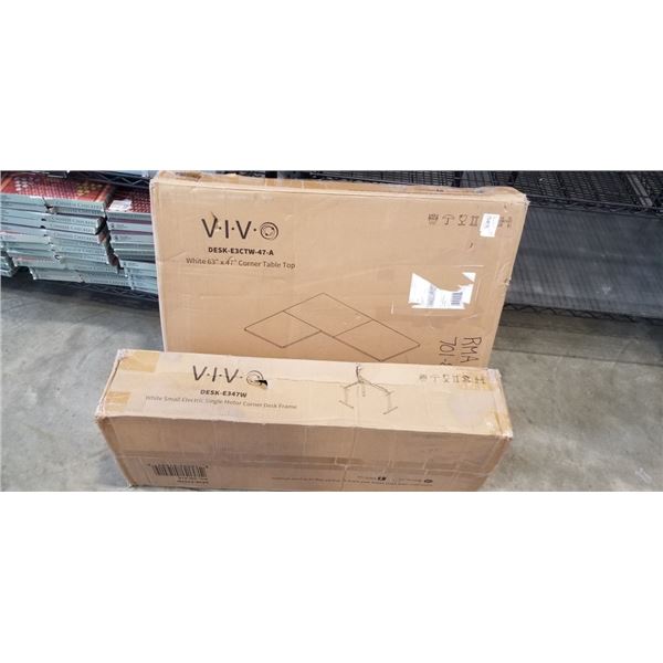 VIVO WHITE 63" BY 47" CORNER TABLE TOP AND WHITE SMALL ELECTRIC SINGLE MOTOR CORNER DESK FRAME