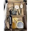 Image 1 : TRAY OF HOUSEHOLD ITEMS INCLUDING CURLING IRON AND VANITY SETS