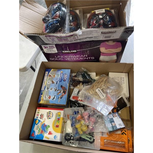 BOX OF KIDS TOYS AND BOX OF NEW LIGHT UP FACE MASKS