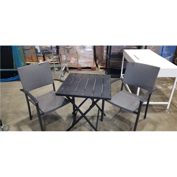 2 RATTAN STACKING PATIO CHAIRS AND FOLDING TABLE
