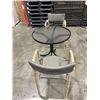 Image 1 : BRAND NEW PATIO BISTRO SET, GLASS TOP ROUND PATIO TABLE, 30 INCH DIAMETER AND 2 STACKING GREY STAINL