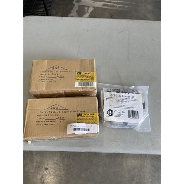 SET OF NEW CANOPY CLAMPS AND 2 NEW GAS CYCLINDER STEEL BRACKETS FOR WELDING