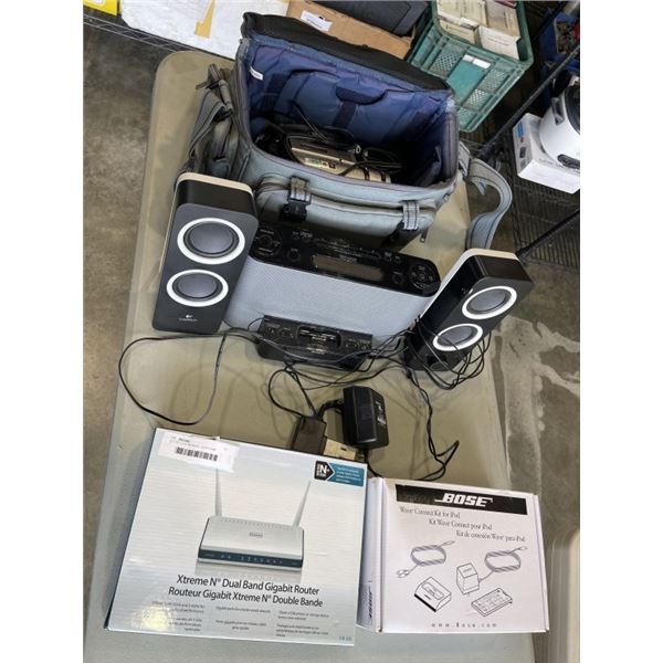 LOT OF ELEXTRONICS - SONY CAM CORDER, SONY AND BOS IPOD DOCKS, COMPUTER SPEAKERS, D-LINK DUAL BAND R