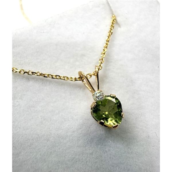 10KT YELLOW GOLD NATURAL PERIDOT HEART SHAPE PENDANT WITH GOLD PLATED STERLING SILVER CHAIN, RETAIL 