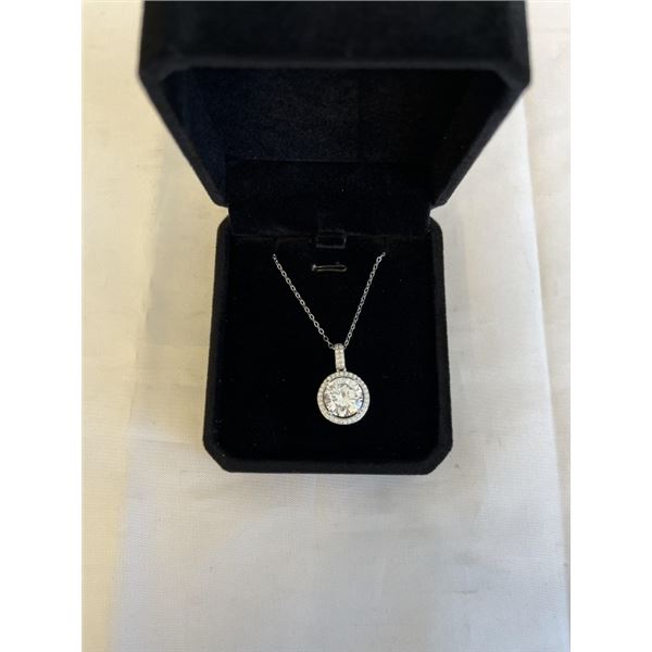 NEW S925 5.0CT SIMULATED DIAMOND (CZ) HALO NECKLACE, 16"-18" LONG, MOUNTED IN 925 STERLING SILVER W/