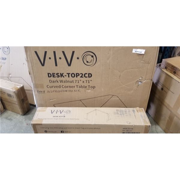 DARK WALNUT 71" X 71" CURVED CORNER TABLE TOP AND BLACK LARGE ELECTRIC SINGLE MOTOR DESK FRAME