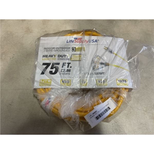 AS NEW 75FT YELLOW 3 OUTLET INDOOR OUTDOOR HEAVY DUTY LIGHTED 3 WIRE GROUNDED EXTENSION CORD 12AWG