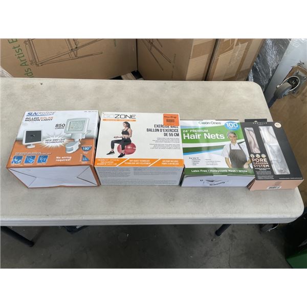 EXCERCISE BALL, PORE CLEANING SYSTEM AND HAIR NETS AND 80 LED SOLAR MOTION LIGHT