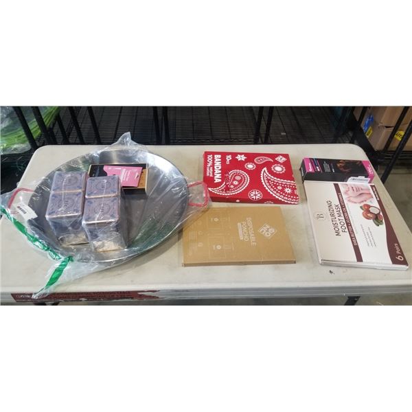 LARGE LOT INCLUDING BAKING PAN, 4 TINS OF BLACK CURRANT TEA BAGS, BLOOMORA MOISTURIZING FOOT MASK, 1